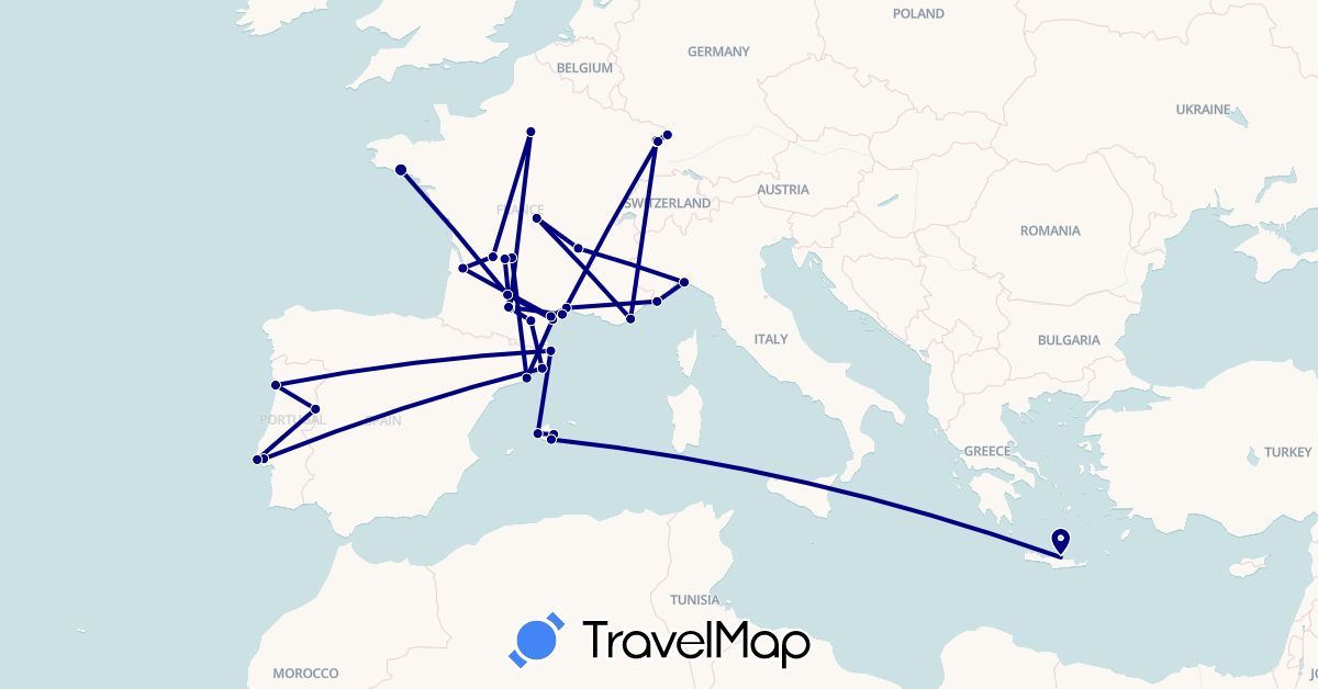 TravelMap itinerary: driving in Germany, Spain, France, Greece, Italy, Portugal (Europe)